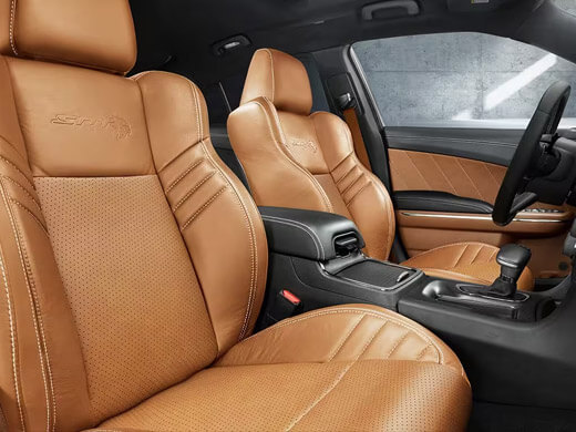 The leather-trimmed front seats in a 2023 Dodge Charger SRT Hellcat.